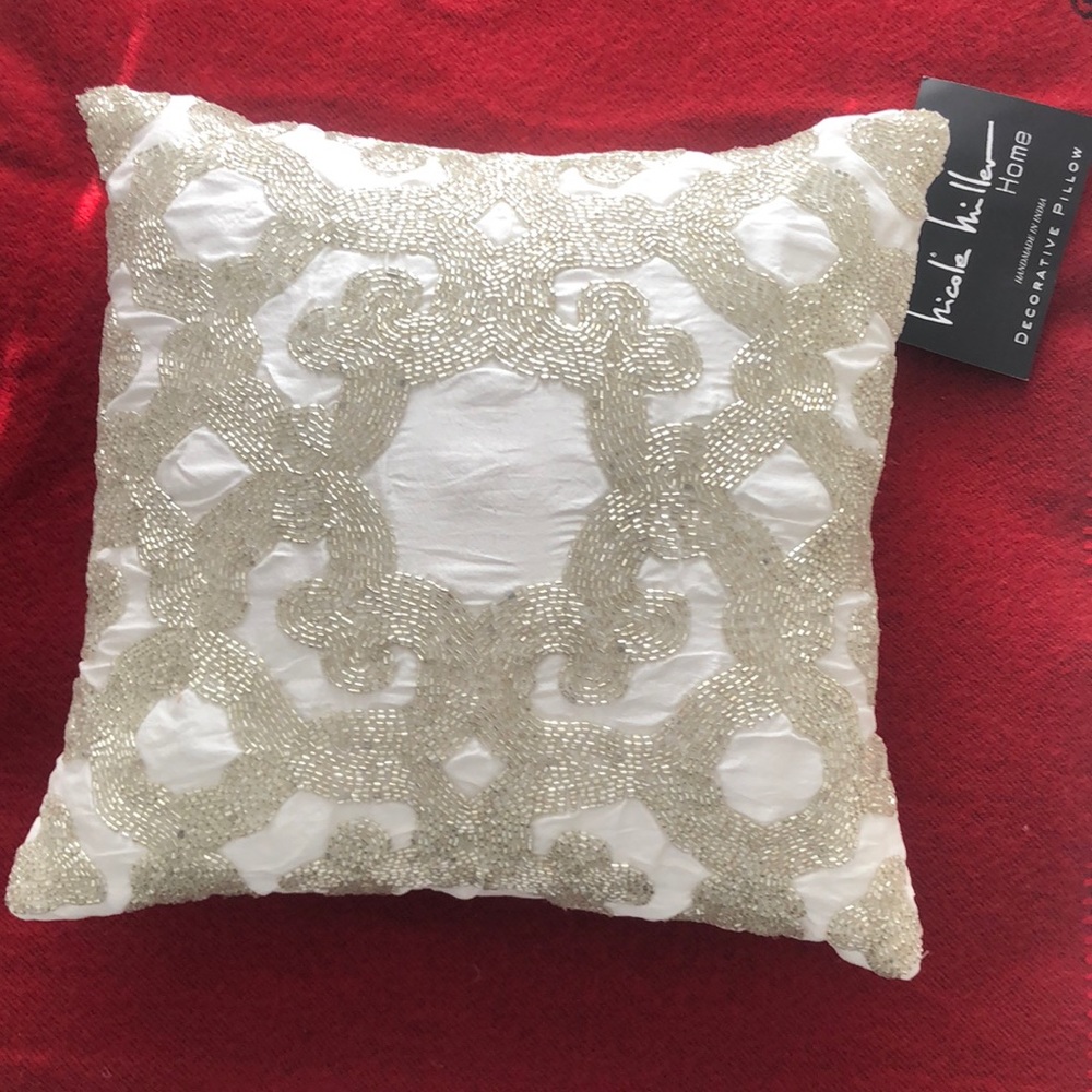Nicole Miller White decorative pillow with beading